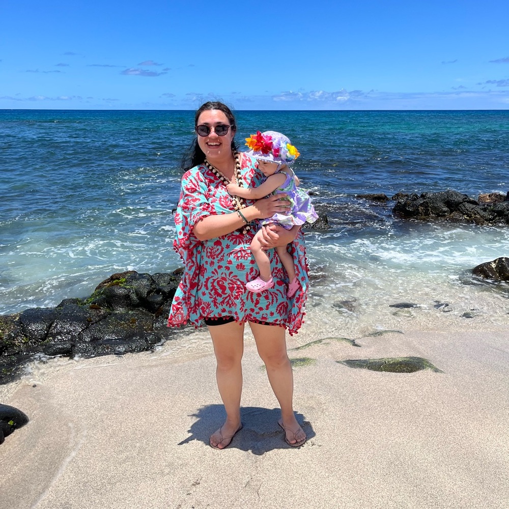 Teal blue red Pom Pom floral print tunic cover up